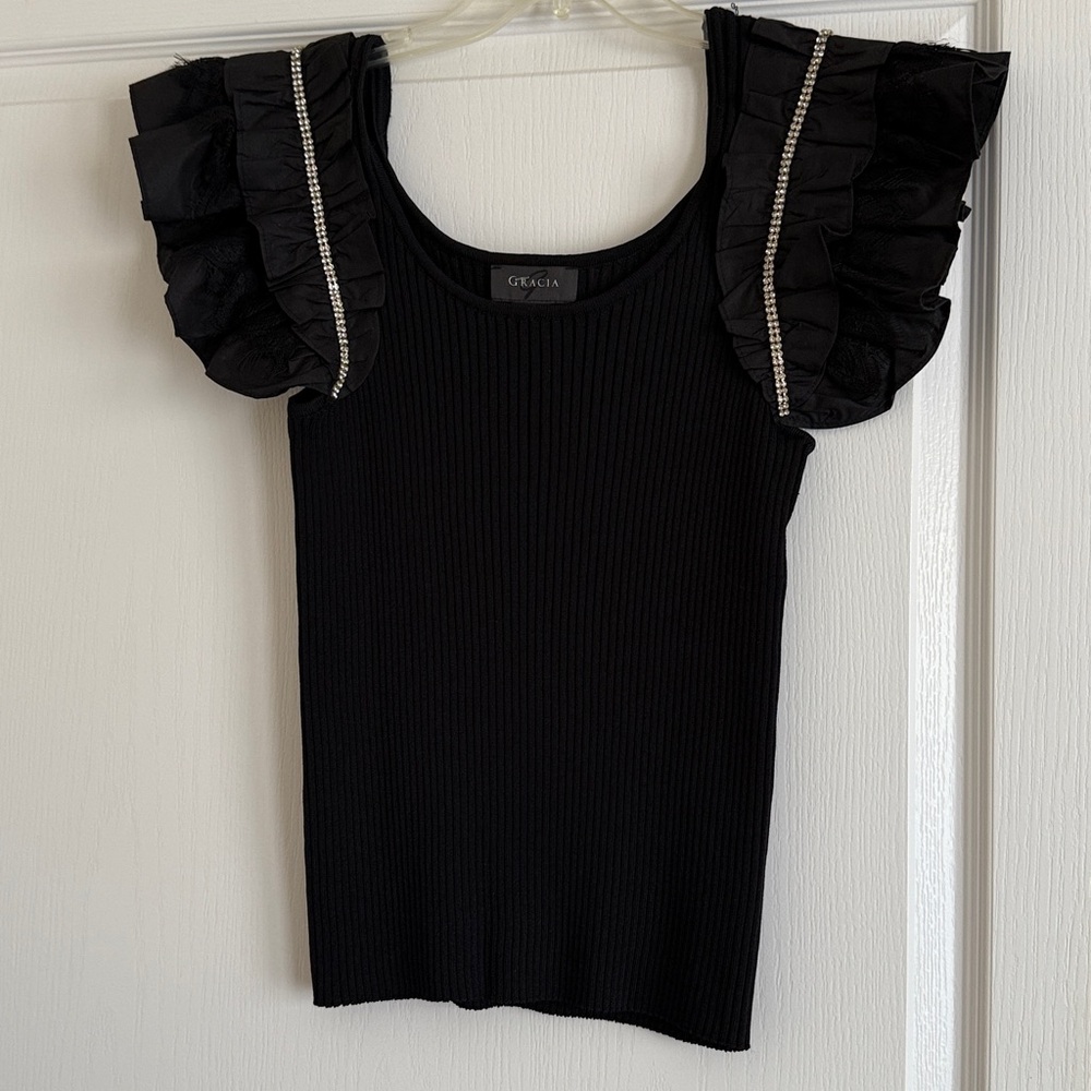 Gracia Black Top with Ruffled Sleeves and beautiful diamond embellishment lace